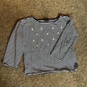Banana Republic navy and white striped jeweled 3/4 sleeve top